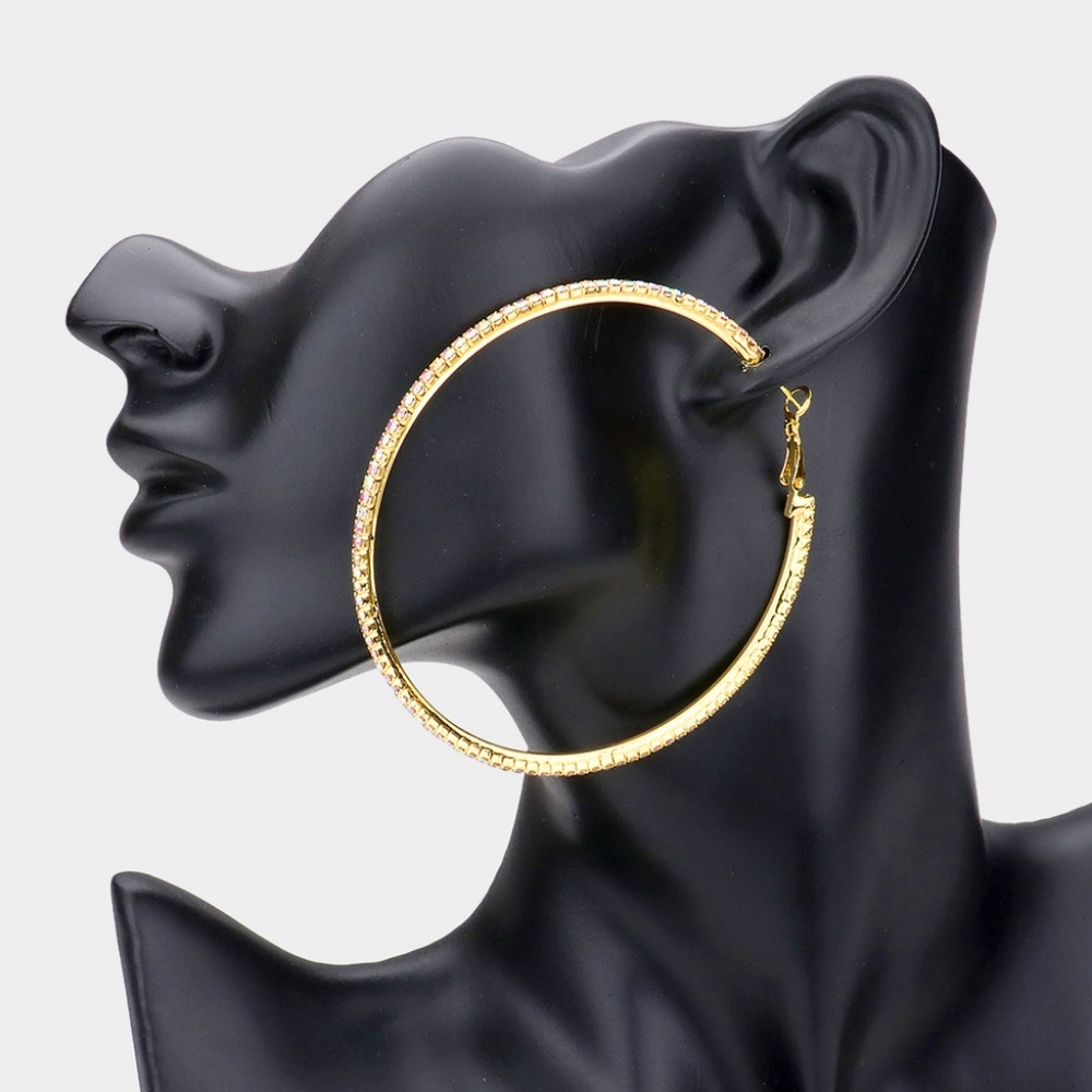 Gold Abalone Rhinestone Crystal 3" Round Hoop Style Earrings Fashion Jewelry